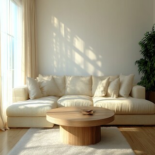 Contemporary Living Room Design with Beige Sofa and Round Coffee Table